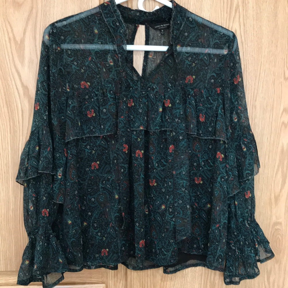 Boho Green Paisley Print Green Pheasant Blouse Lucky Brand